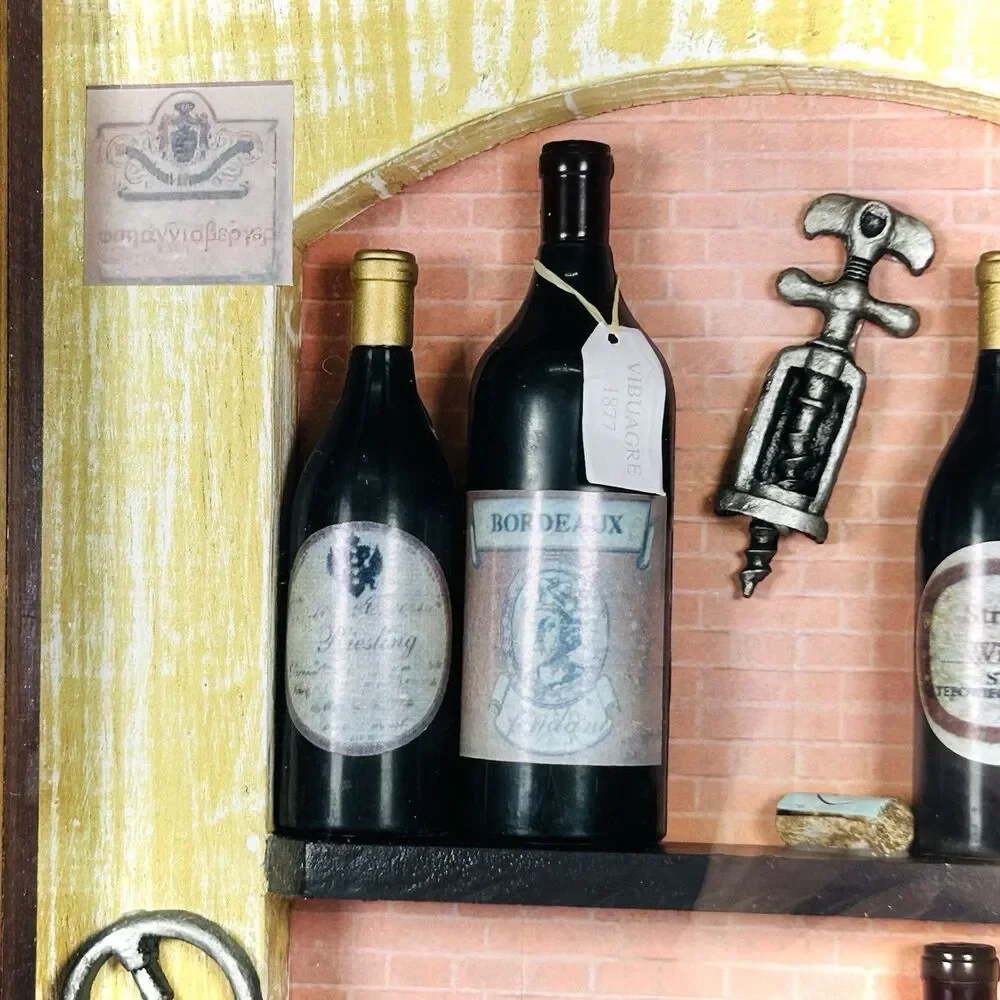 Vintage 3D Wood & Glass Shadow Box Picture Diorama Wine Bottles/Openers Shelves